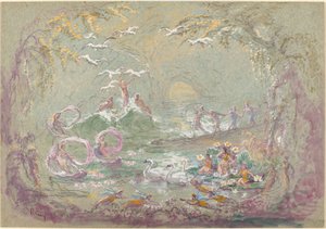 妖精と白鳥のいる湖のシーン（青緑色のボードに黒いチョークで描いた水彩画とガッシュ